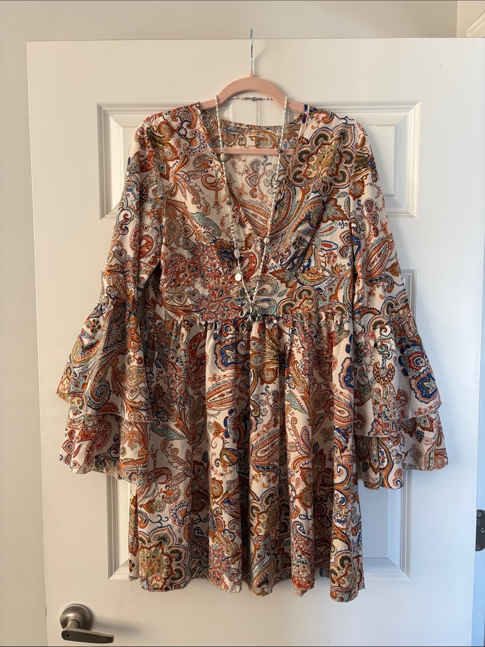 Amazon Long Sleeve Paisley Tiered Mini Dress in Cream, Rust, Blue